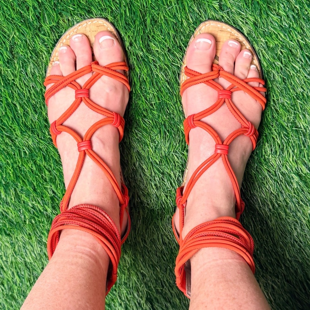 Sam Edelman Gianni Orange Bungee Cord Gladiator Sandals Flat Strappy Size 8.5M